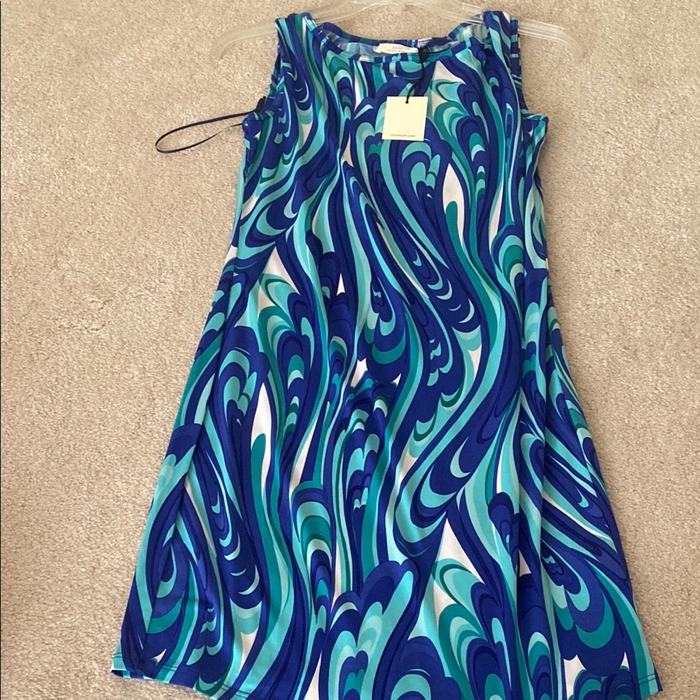 Trina Turk Blue and Green Swirl Midi Dress